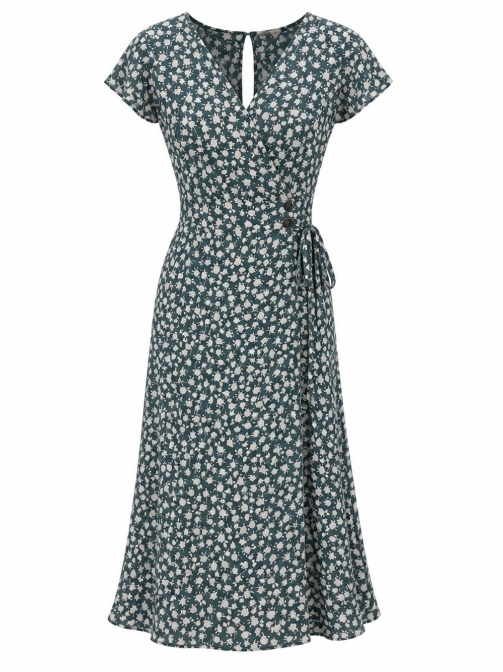 Teal Floral Wrap Midi Dress with Cream Print - Sienna Sky